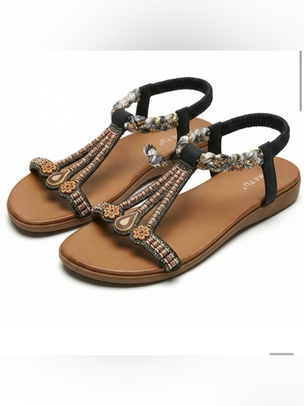 SIKETU Beaded Boho Sandals 9 Black Rhinestone T-Strap Elastic Comfort Flats